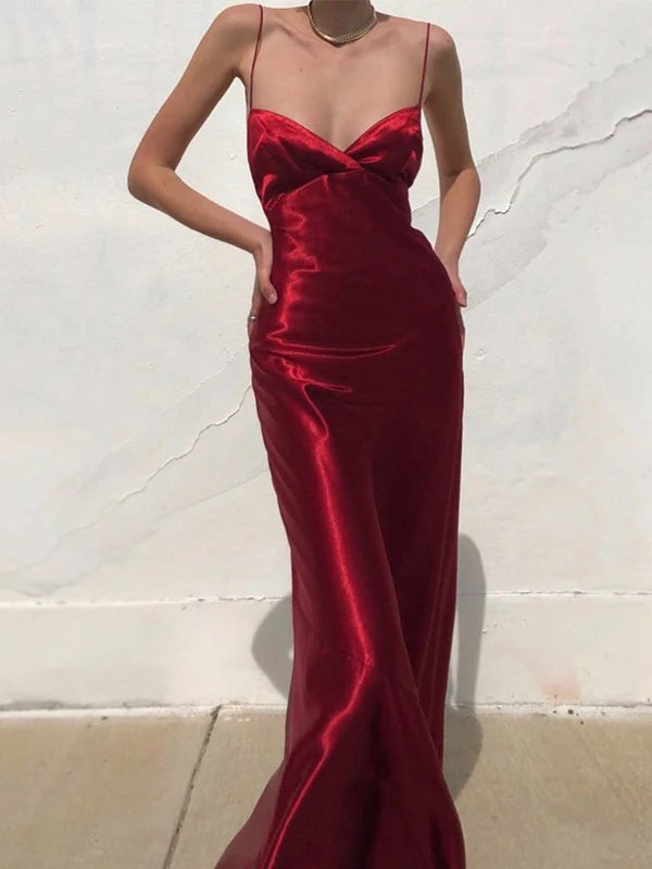 Rich Gloss Satin Thin Spaghetti Twist Bust Cross Lace-Up Open Back Mermaid Floor Evening Dresses
