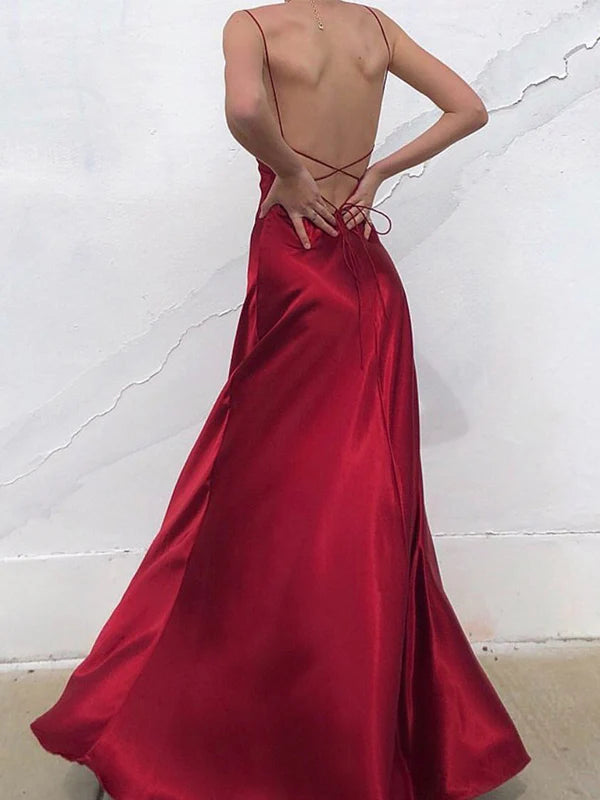 Rich Gloss Satin Thin Spaghetti Twist Bust Cross Lace-Up Open Back Mermaid Floor Evening Dresses