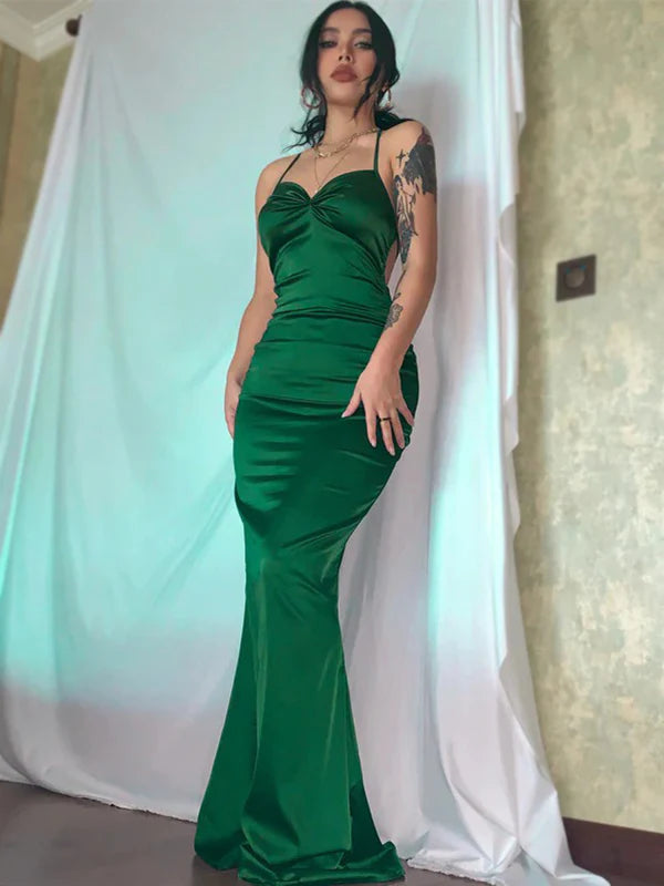 Rich Gloss Satin Thin Spaghetti Twisted Bust Crisscross Lace-Up Back Ruched Mermaid Floor Evening Dresses