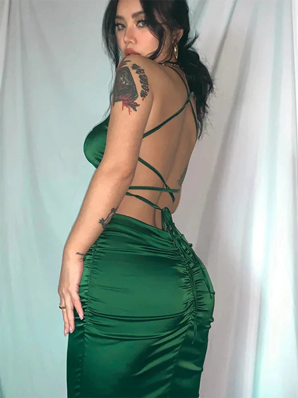Rich Gloss Satin Thin Spaghetti Twisted Bust Crisscross Lace-Up Back Ruched Mermaid Floor Evening Dresses