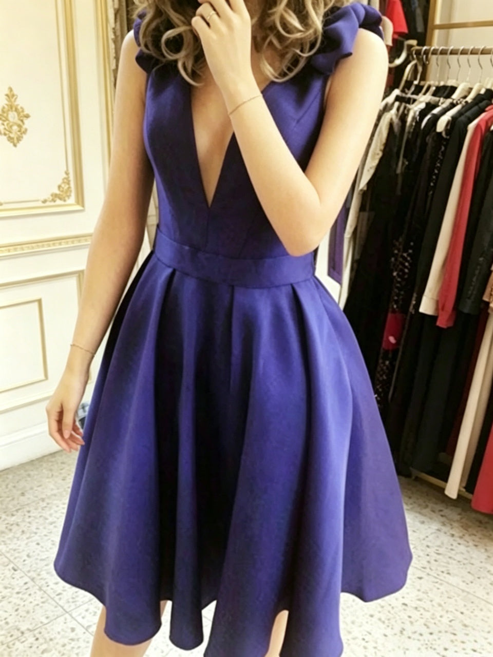 Rich navy satin ruffle shoulder deep V A-line short homecoming dress
