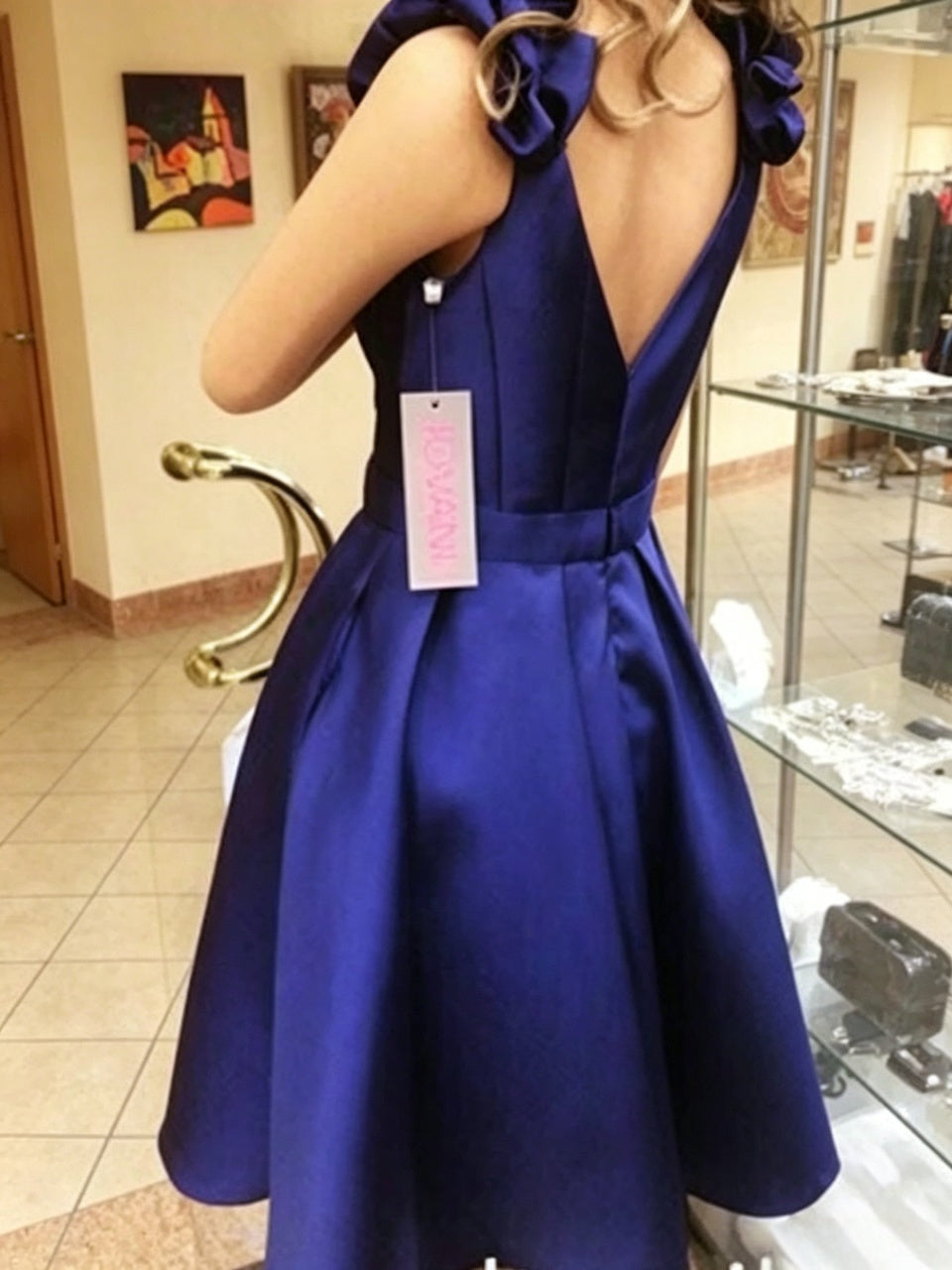 Rich navy satin ruffle shoulder deep V A-line short homecoming dress