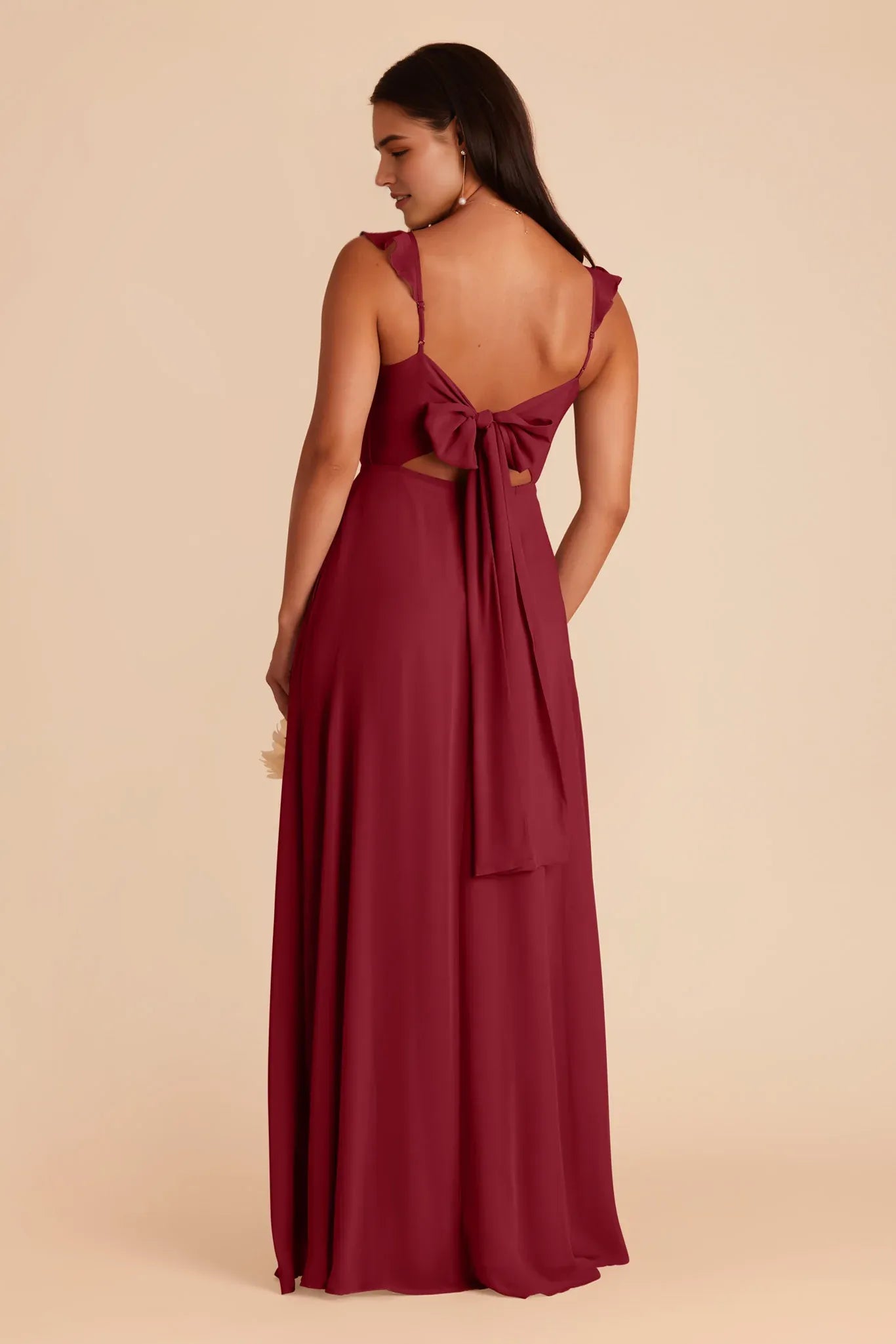 Romantic A-Line Chiffon V Neck Ruffled Strap Bow Cutout Back Floor Length Bridesmaid Dress