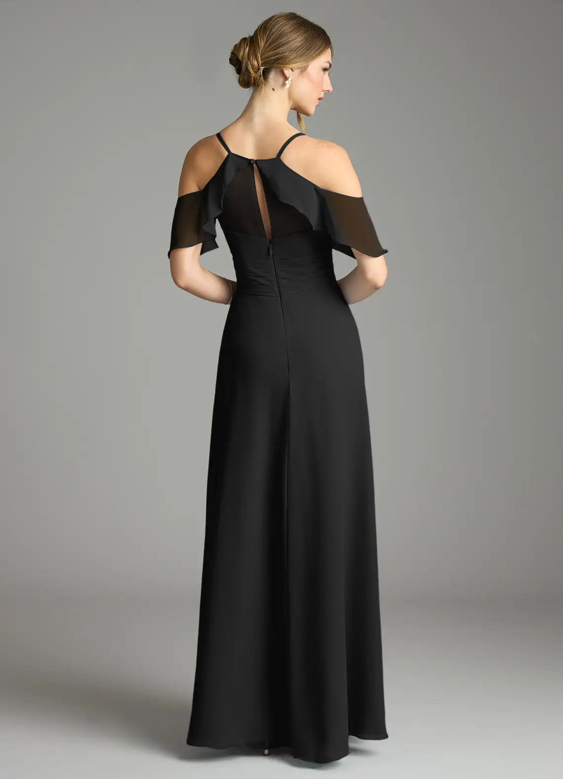 Black Chiffon A-Line Floor-Length Bridesmaid Dress with V-Neck & High Slit