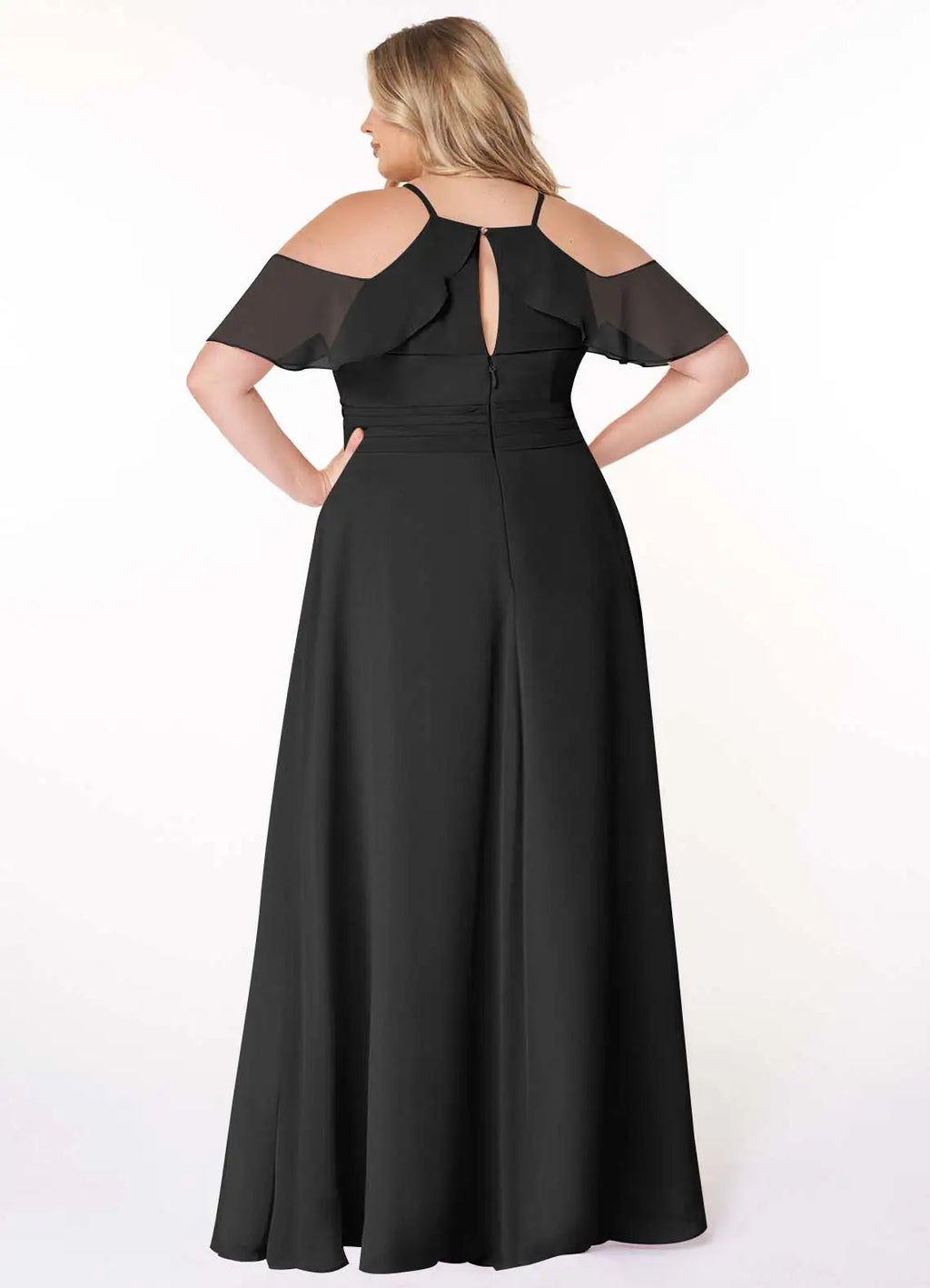 Black Chiffon A-Line Floor-Length Bridesmaid Dress with V-Neck & High Slit