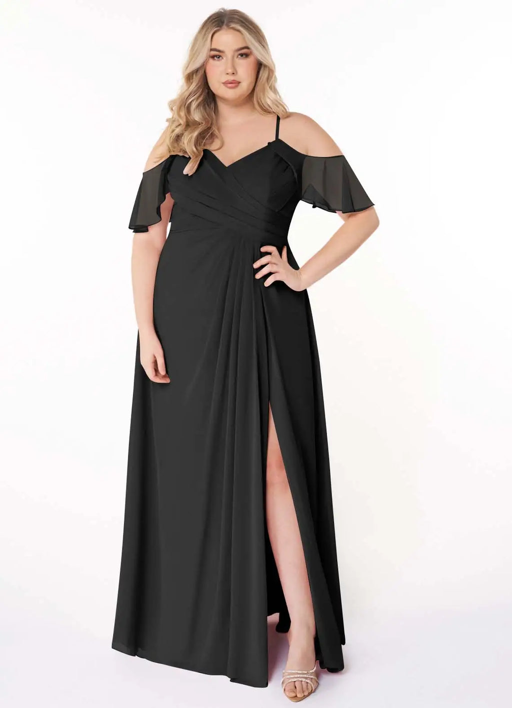 Black Chiffon A-Line Floor-Length Bridesmaid Dress with V-Neck & High Slit