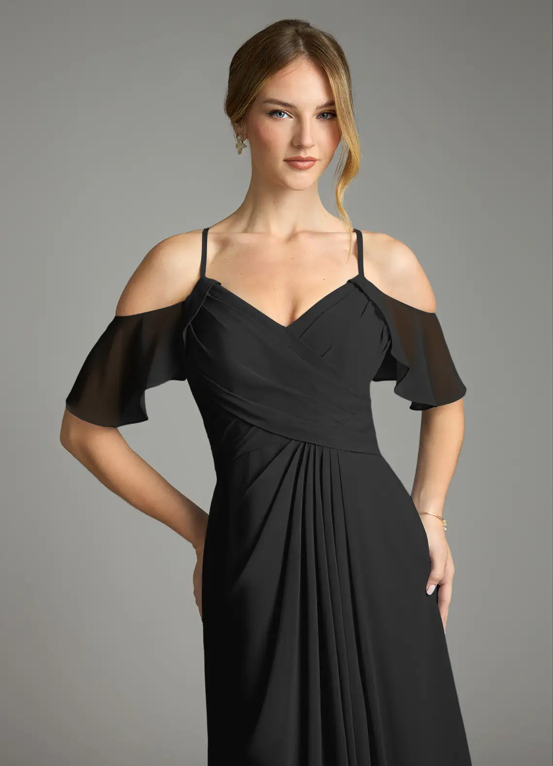 Black Chiffon A-Line Floor-Length Bridesmaid Dress with V-Neck & High Slit