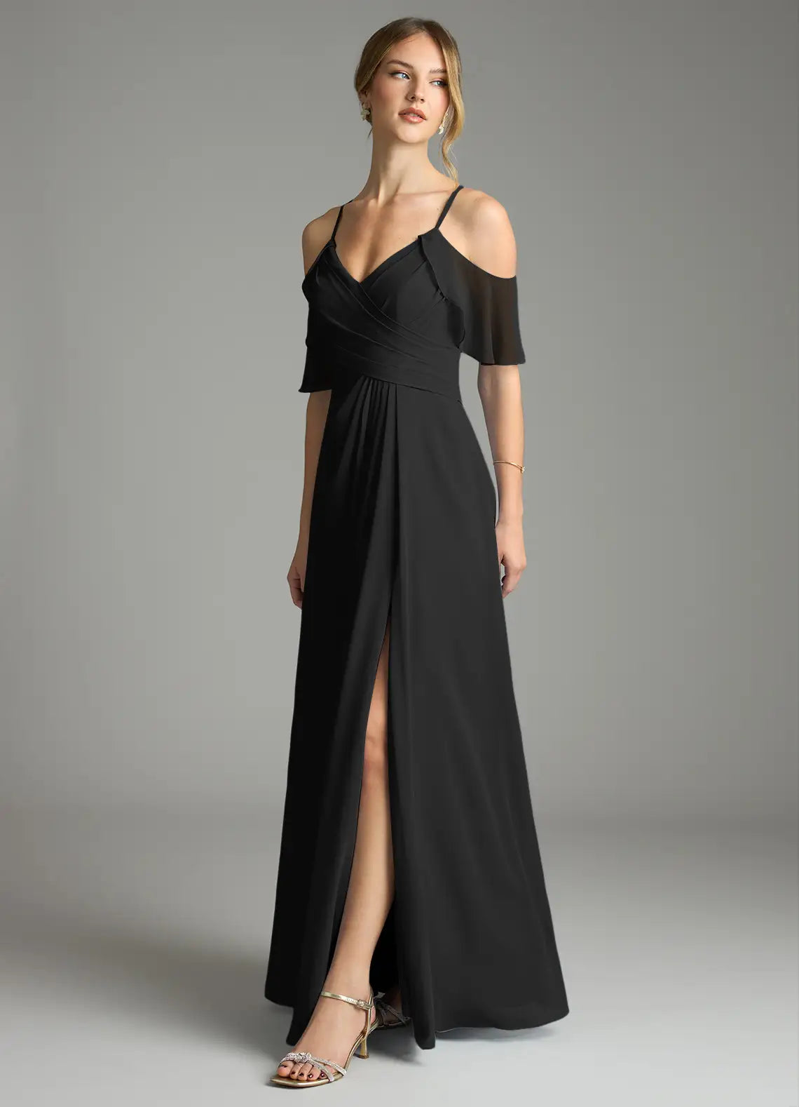 Black Chiffon A-Line Floor-Length Bridesmaid Dress with V-Neck & High Slit