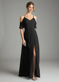 Black Chiffon A-Line Floor-Length Bridesmaid Dress with V-Neck & High Slit