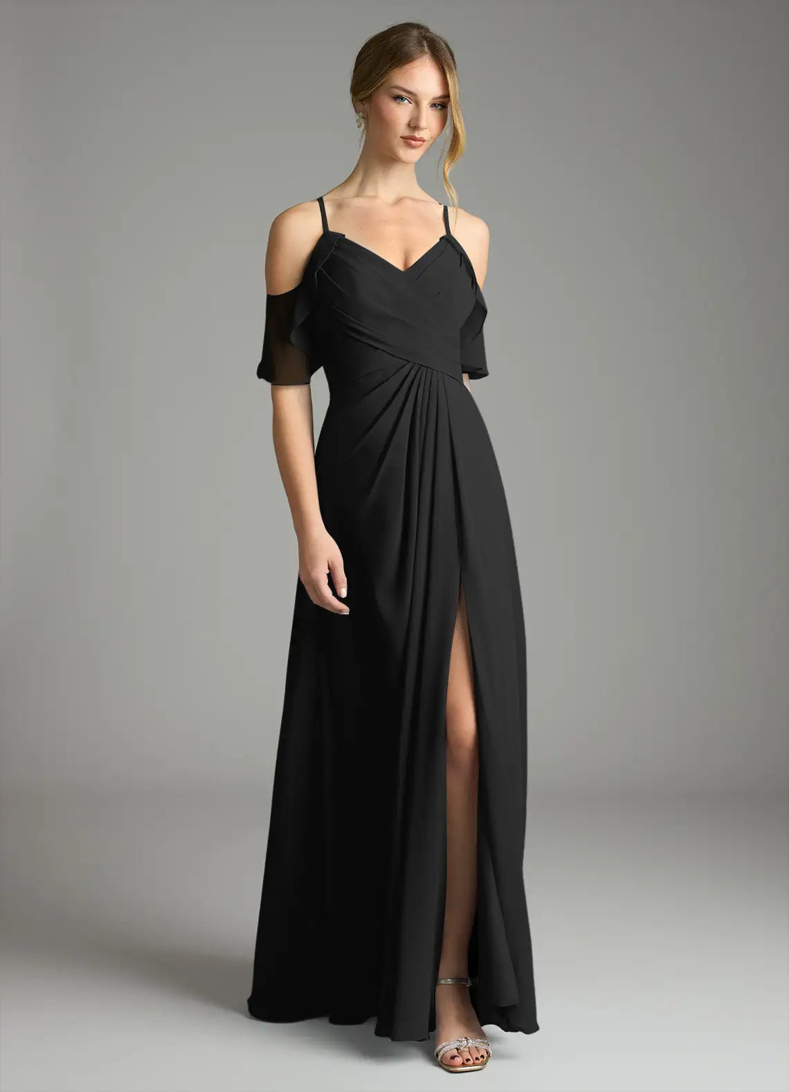 Black Chiffon A-Line Floor-Length Bridesmaid Dress with V-Neck & High Slit