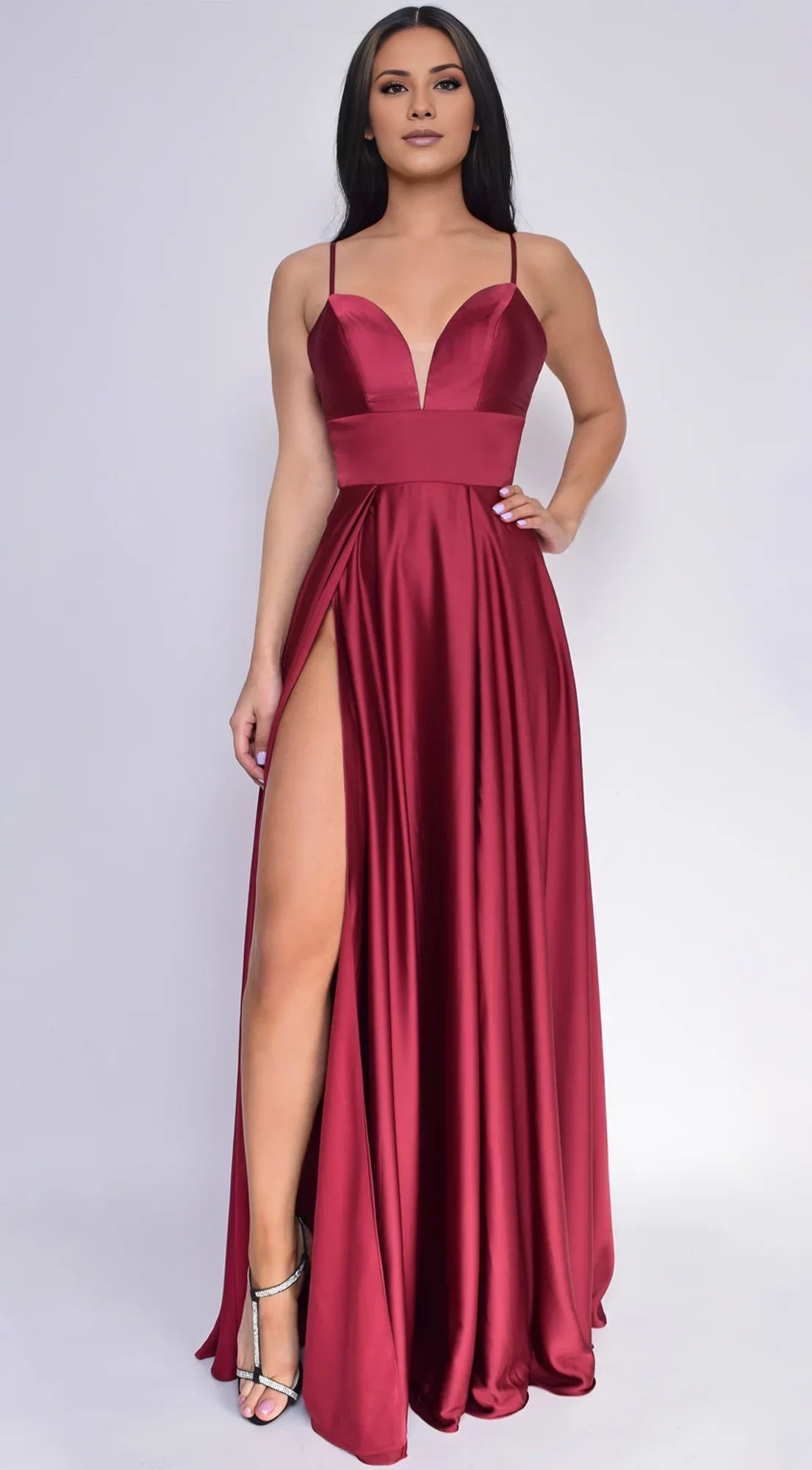 Burgundy Satin A-Line Floor-Length Evening Dress with Plunging V-Neck & High Slit