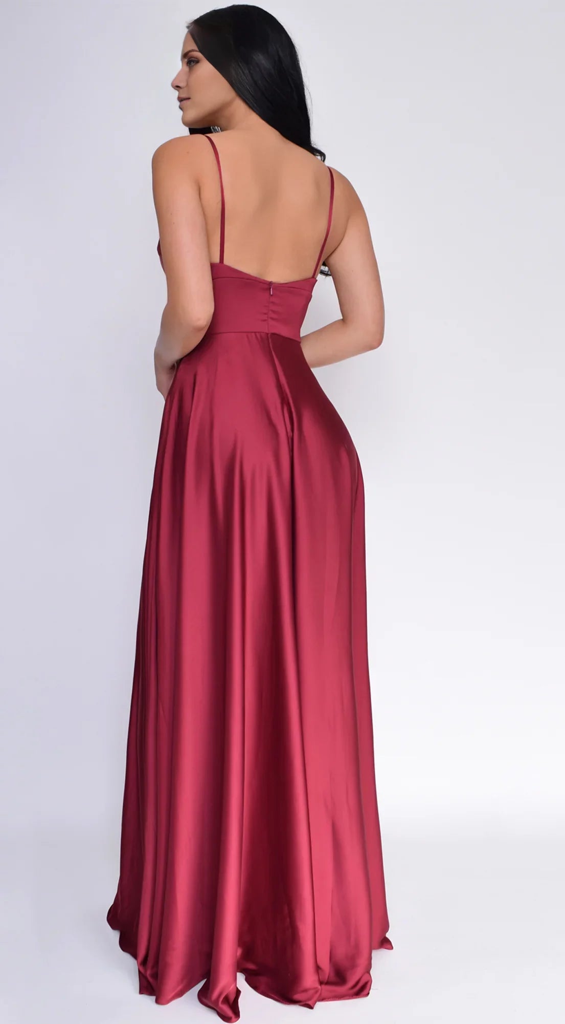 Burgundy Satin A-Line Floor-Length Evening Dress with Plunging V-Neck & High Slit