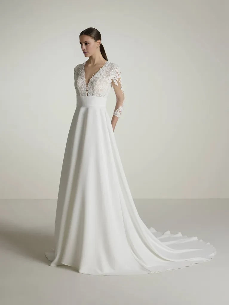 Romantic A-Line Deep V-Neck Lace 3/4 Sleeve Open Back Maxi Winter Wedding Dress