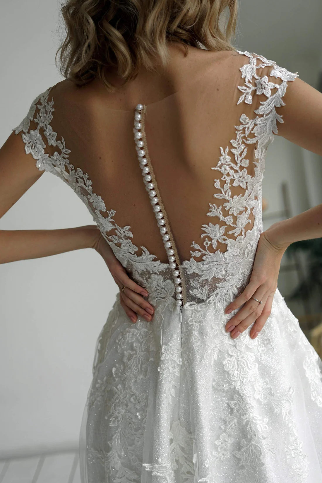 Romantic A-Line Deep V-Neck Lace Embroidered Sparkle Maxi Winter Wedding Dress