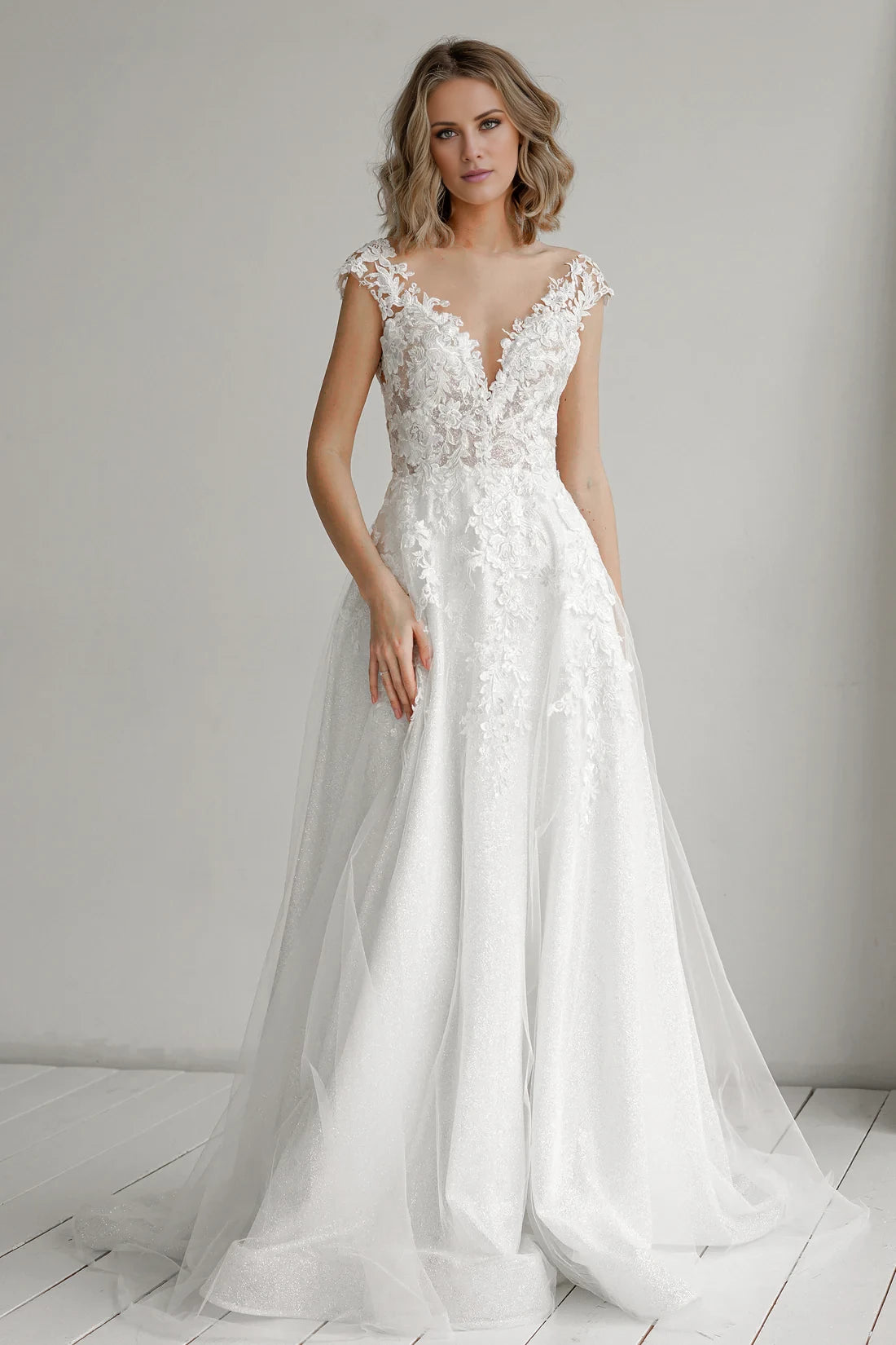 Romantic A-Line Deep V-Neck Lace Embroidered Sparkle Maxi Winter Wedding Dress
