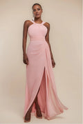 Blushing Pink Chiffon A-Line Floor-Length Bridesmaid Dress with Halter Neckline & High Slit