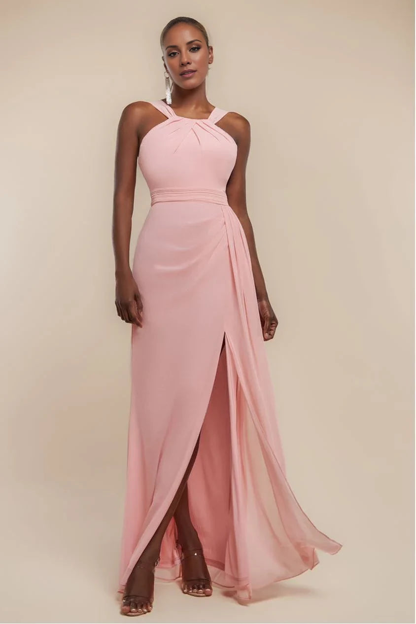 Blushing Pink Chiffon A-Line Floor-Length Bridesmaid Dress with Halter Neckline & High Slit