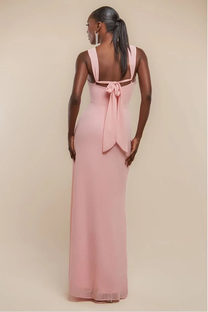 Blushing Pink Chiffon A-Line Floor-Length Bridesmaid Dress with Halter Neckline & High Slit