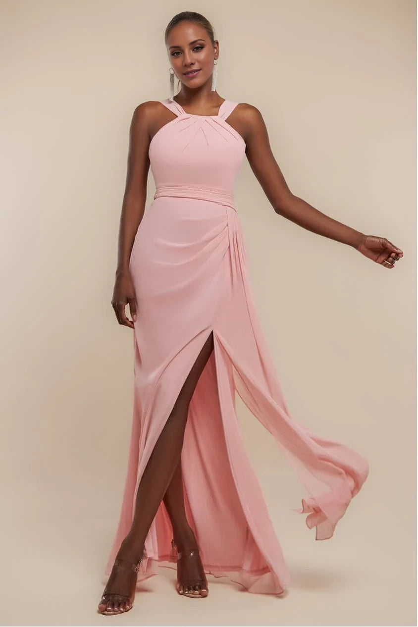 Blushing Pink Chiffon A-Line Floor-Length Bridesmaid Dress with Halter Neckline & High Slit