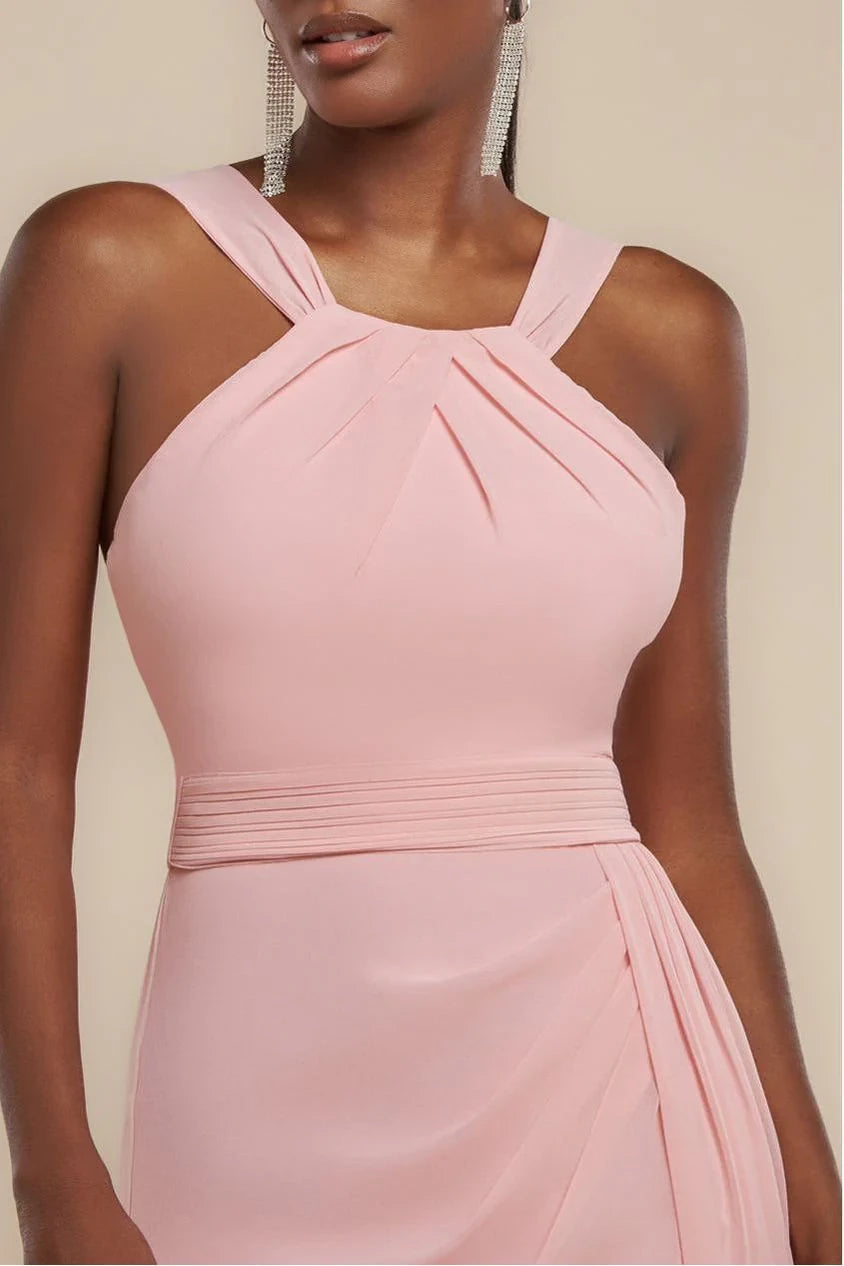 Blushing Pink Chiffon A-Line Floor-Length Bridesmaid Dress with Halter Neckline & High Slit