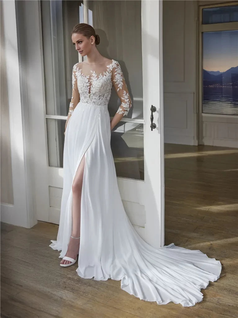 Ivory Chiffon A-Line Floor-Length Dress with Illusion Lace Bodice and High Slit