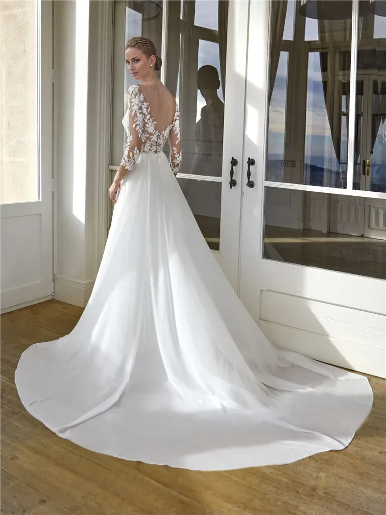 Ivory Chiffon A-Line Floor-Length Dress with Illusion Lace Bodice and High Slit