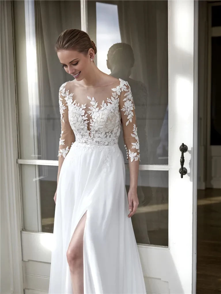 Ivory Chiffon A-Line Floor-Length Dress with Illusion Lace Bodice and High Slit