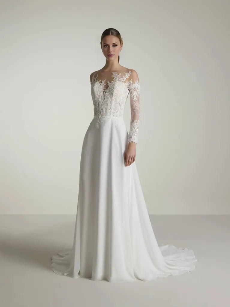 White Lace A-Line Floor-Length Bridesmaid Dress with Illusion Neck Long Sleeves