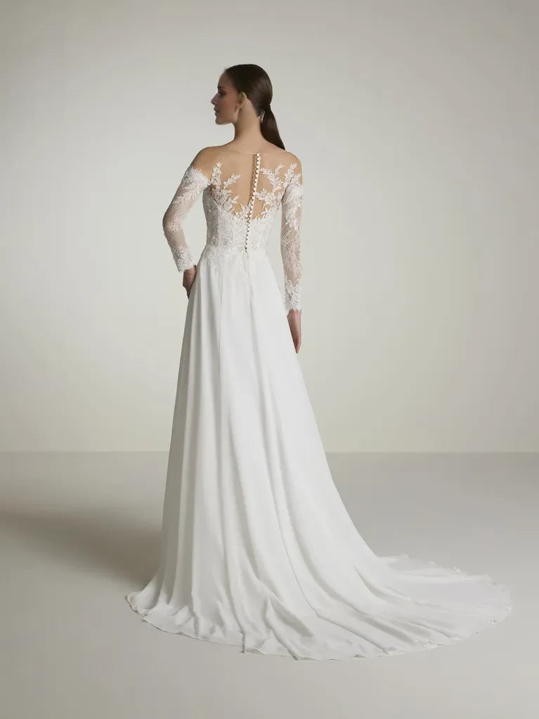 White Lace A-Line Floor-Length Bridesmaid Dress with Illusion Neck Long Sleeves