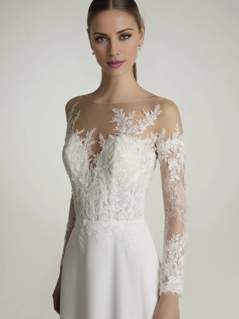 White Lace A-Line Floor-Length Bridesmaid Dress with Illusion Neck Long Sleeves