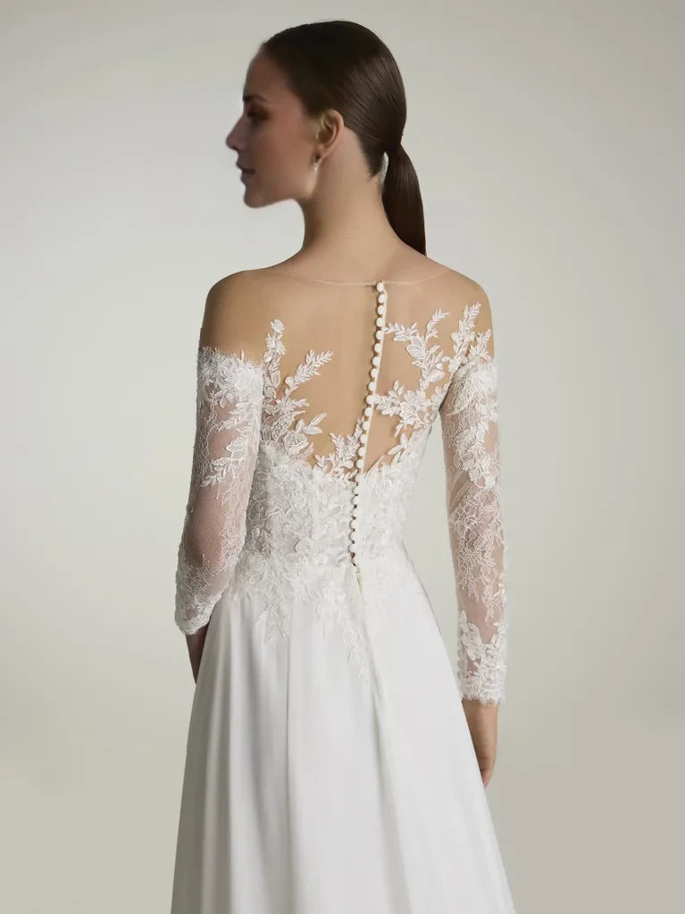White Lace A-Line Floor-Length Bridesmaid Dress with Illusion Neck Long Sleeves