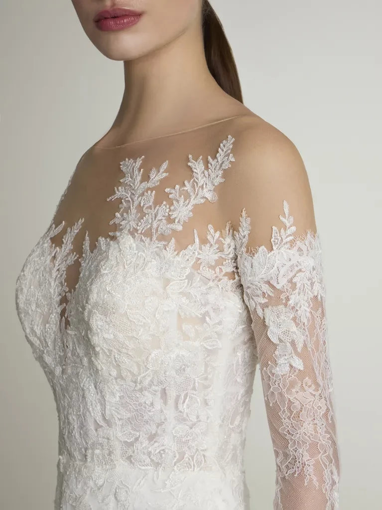 White Lace A-Line Floor-Length Bridesmaid Dress with Illusion Neck Long Sleeves