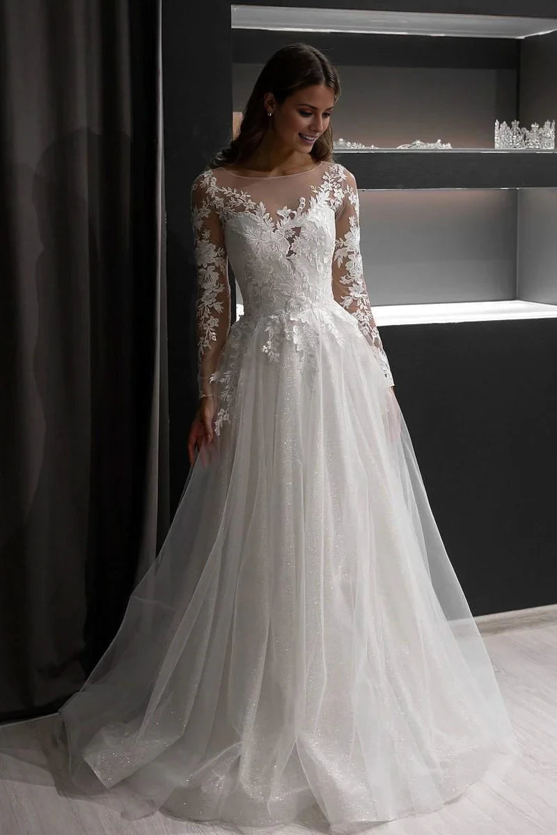 Romantic A-Line Illusion Neckline Lace Long Sleeve Sparkle Maxi Winter Wedding Dress