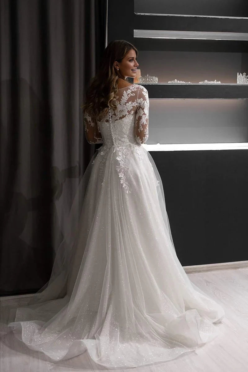 Romantic A-Line Illusion Neckline Lace Long Sleeve Sparkle Maxi Winter Wedding Dress