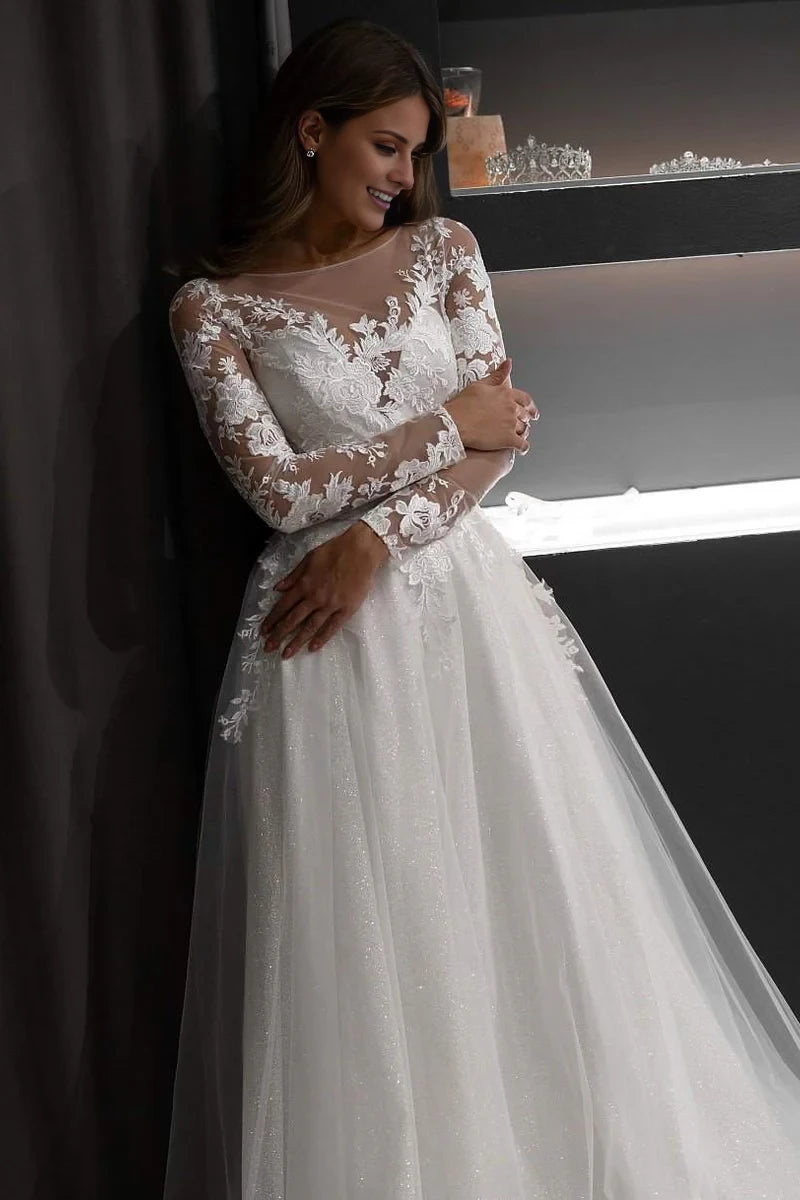 Romantic A-Line Illusion Neckline Lace Long Sleeve Sparkle Maxi Winter Wedding Dress