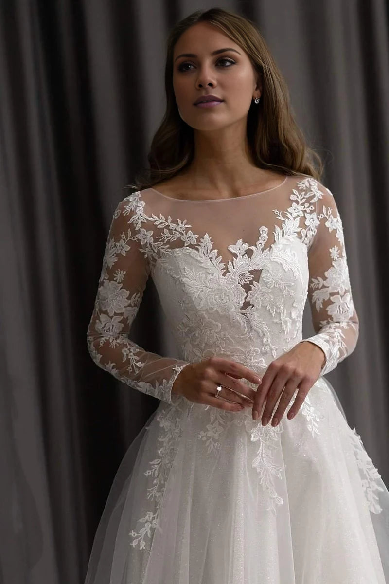Romantic A-Line Illusion Neckline Lace Long Sleeve Sparkle Maxi Winter Wedding Dress