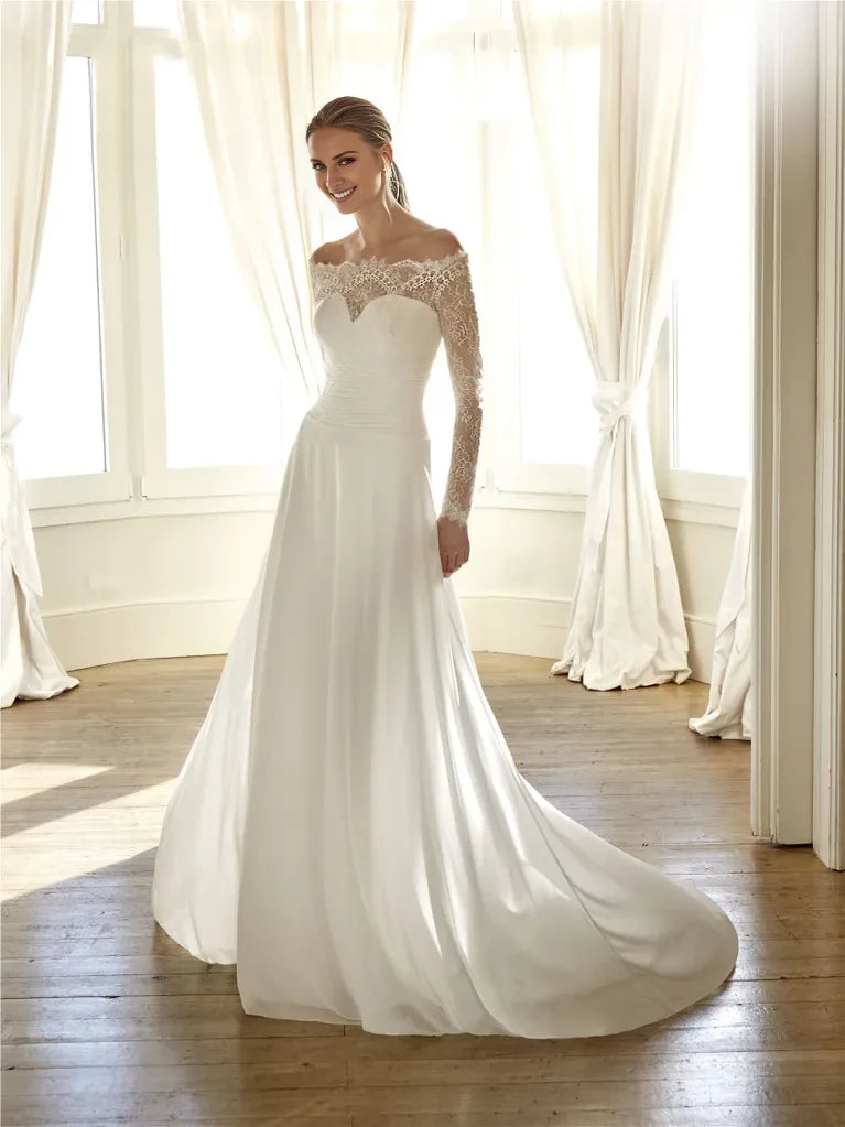 Ivory Off-the-Shoulder A-Line Floor-Length Bridesmaid Dress with Lace Sleeves