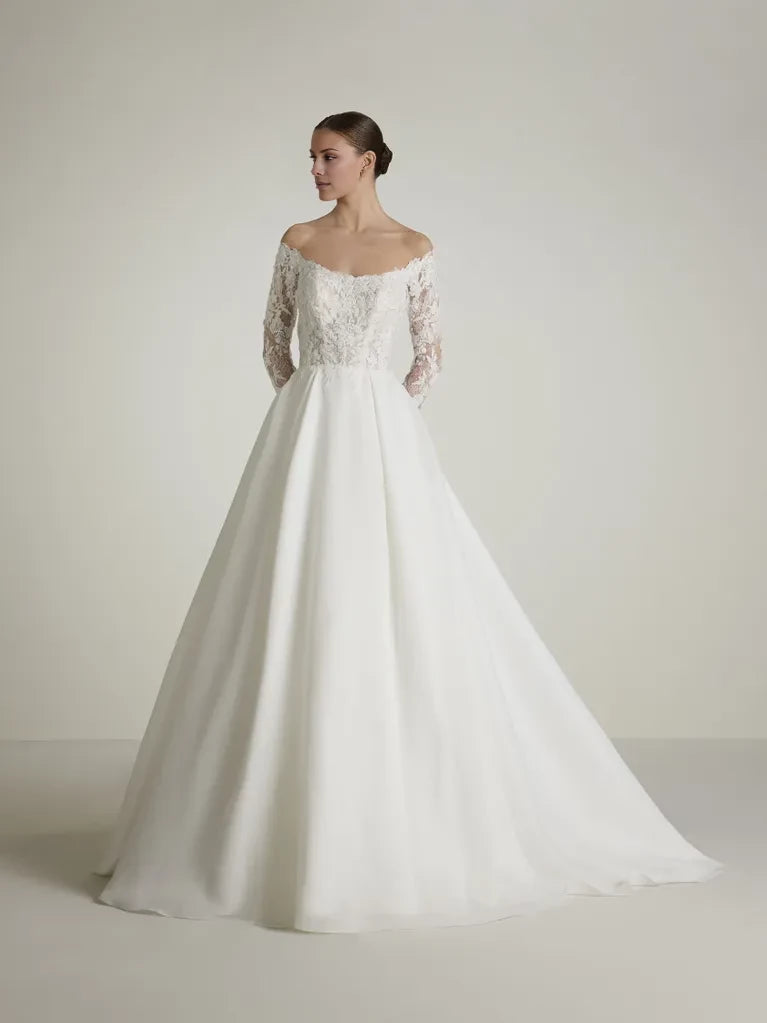 Romantic A-Line Off-Shoulder Neck Lace Long Sleeve Open Back Maxi Winter Wedding Dress