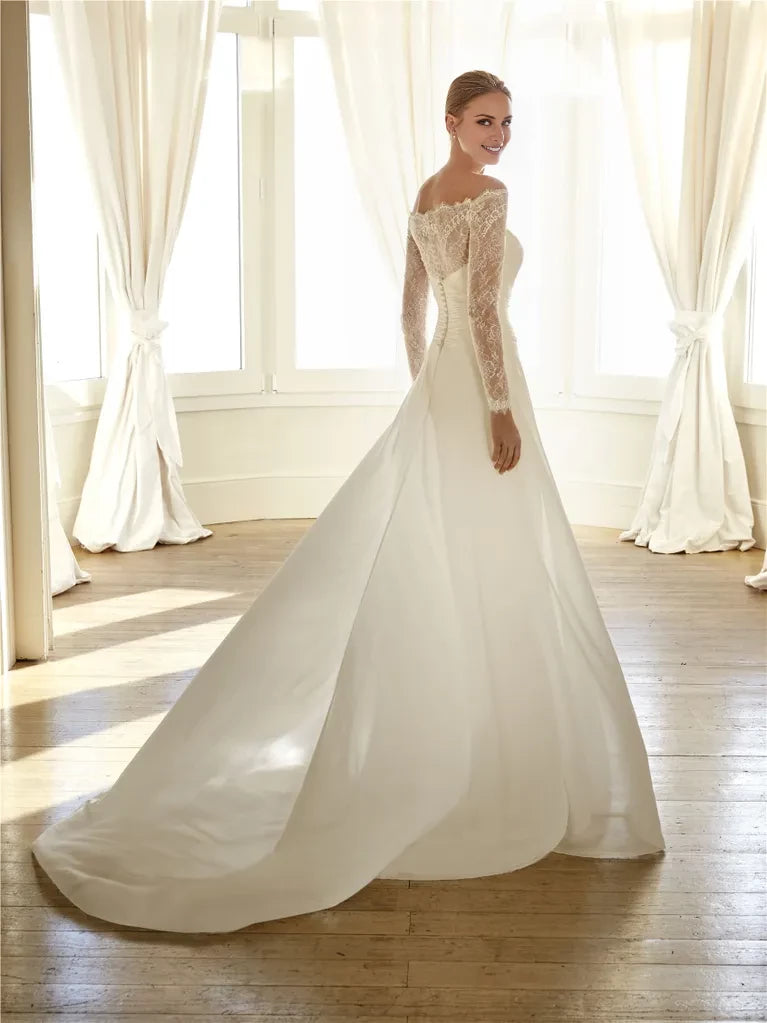 Ivory Off-the-Shoulder A-Line Floor-Length Bridesmaid Dress with Lace Sleeves