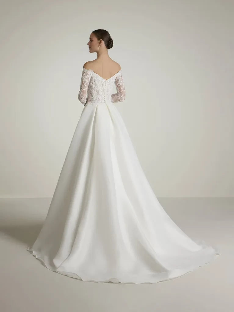 Romantic A-Line Off-Shoulder Neck Lace Long Sleeve Open Back Maxi Winter Wedding Dress