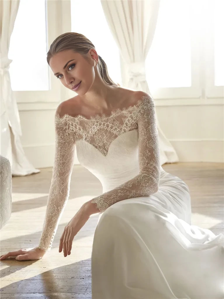Ivory Off-the-Shoulder A-Line Floor-Length Bridesmaid Dress with Lace Sleeves