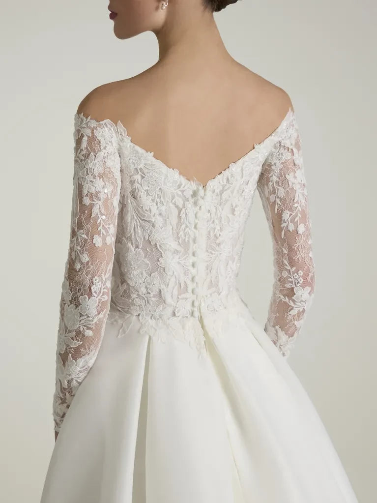 Romantic A-Line Off-Shoulder Neck Lace Long Sleeve Open Back Maxi Winter Wedding Dress