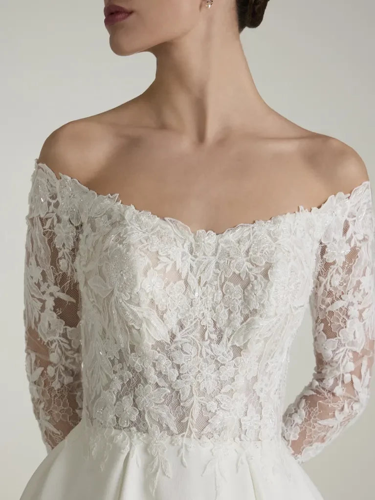 Romantic A-Line Off-Shoulder Neck Lace Long Sleeve Open Back Maxi Winter Wedding Dress