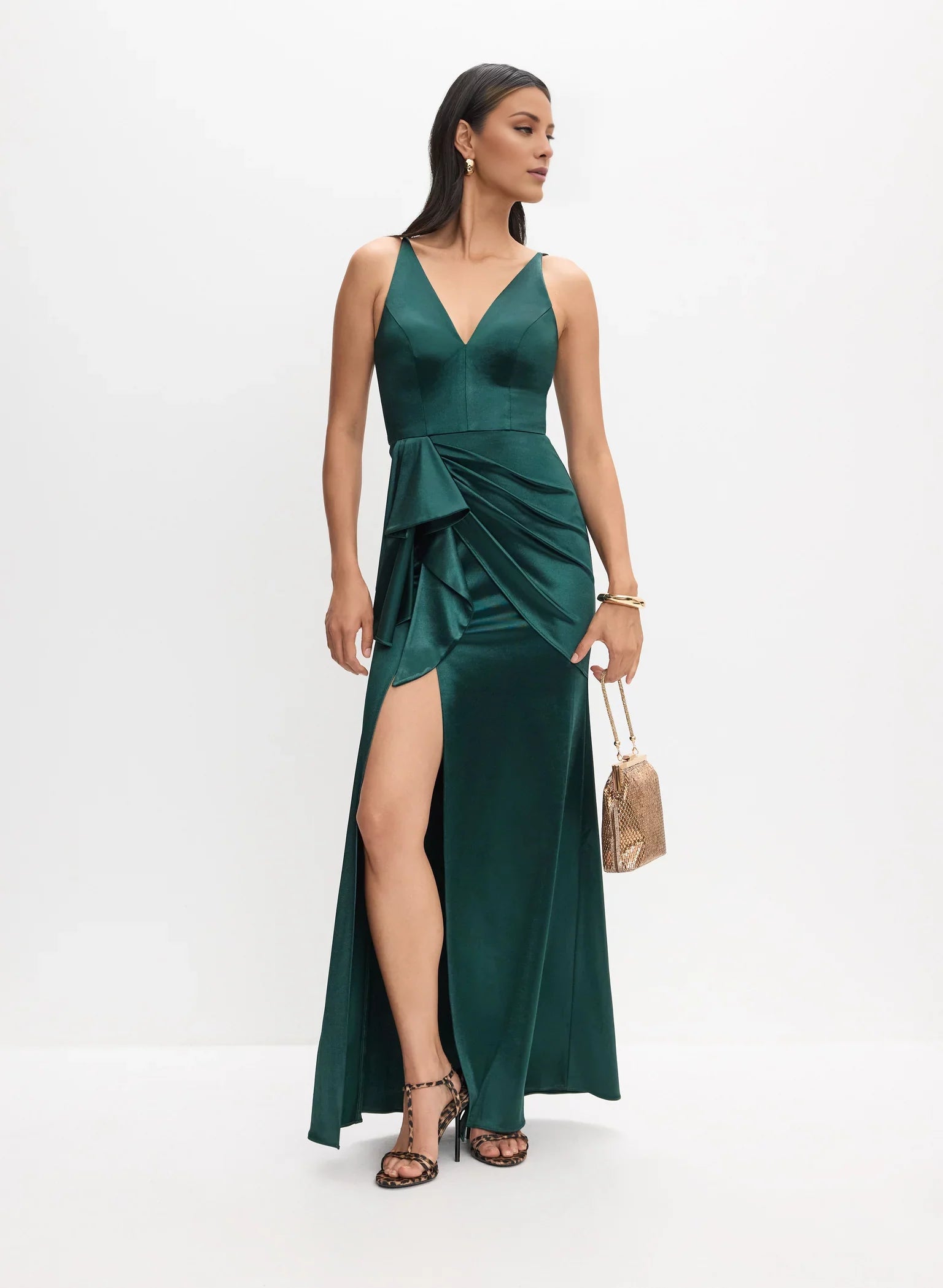Romantic A-Line Satin Sleeveless Ruffled Side-Slit V-Neck Floor-Length Evening Dress