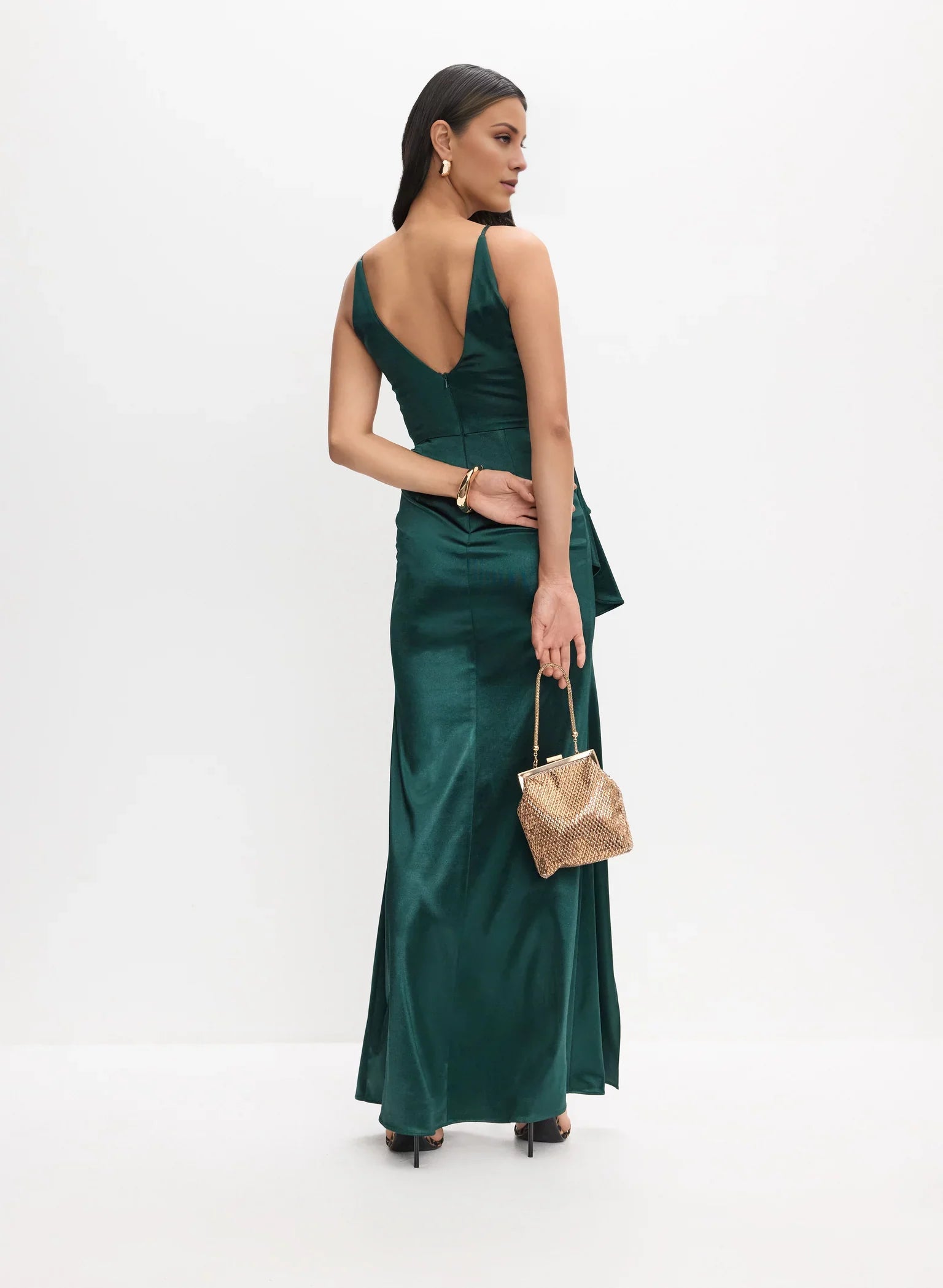 Romantic A-Line Satin Sleeveless Ruffled Side-Slit V-Neck Floor-Length Evening Dress