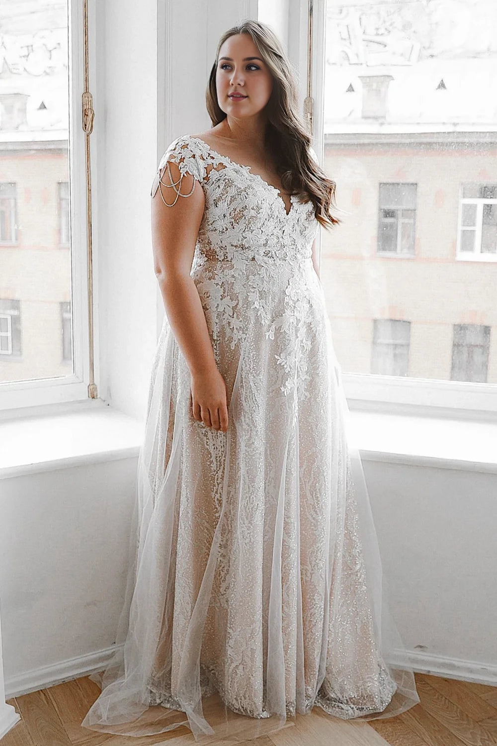 Romantic A-Line V-Neck Short Sleeve Lace Embroidered Illusion Back Plus Size Maxi Winter Wedding Dress