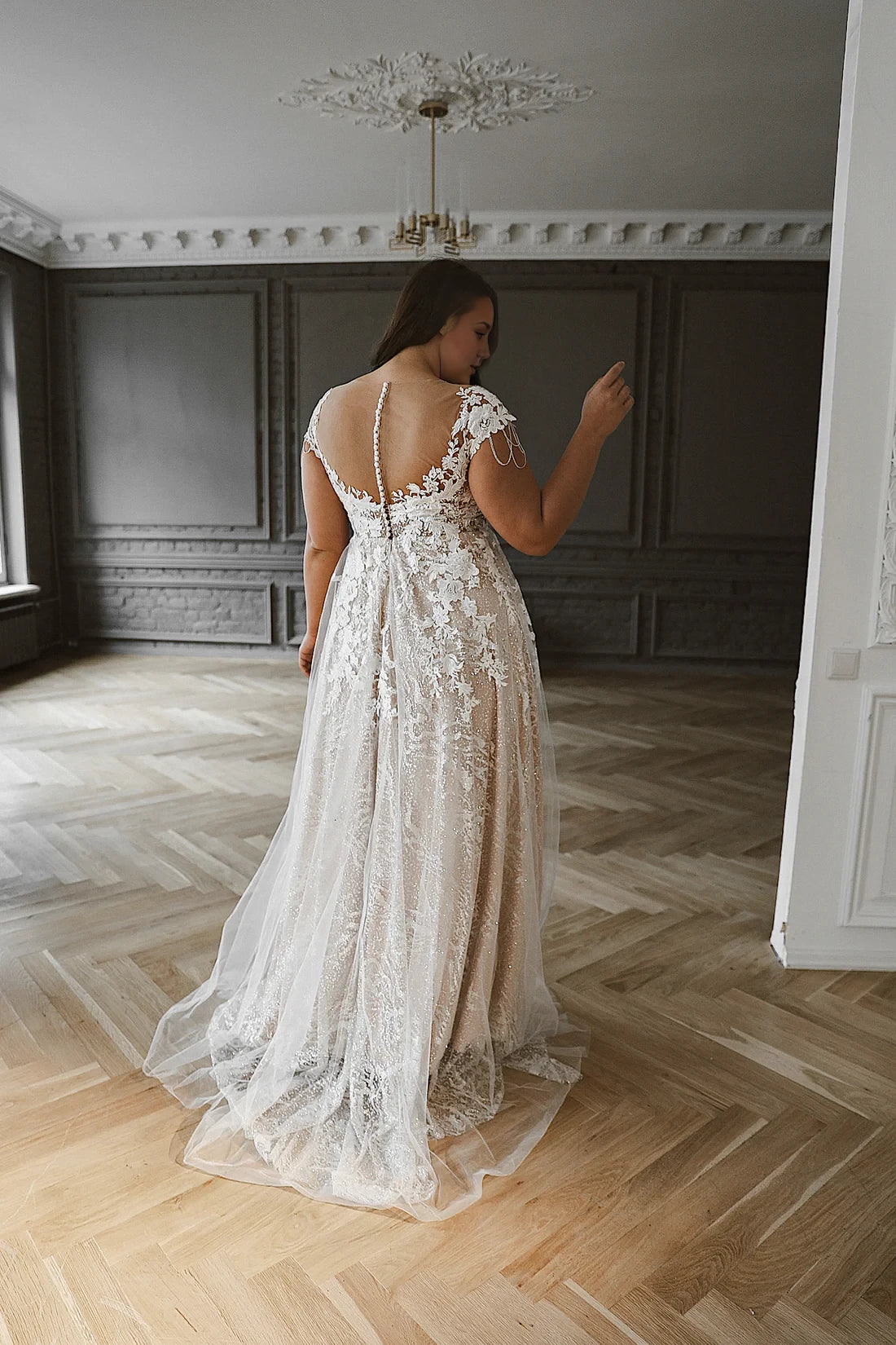 Romantic A-Line V-Neck Short Sleeve Lace Embroidered Illusion Back Plus Size Maxi Winter Wedding Dress