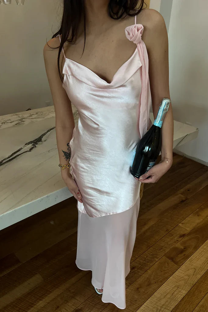 Romantic Asymmetrical One-Shoulder Satin Chiffon Floral Accent Floor Length Evening Dress