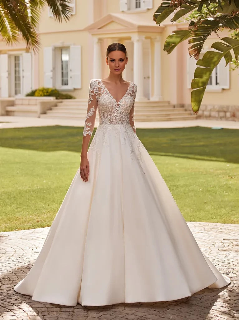 Romantic Ball Gown Deep V-Neck Lace 3/4 Sleeve Open Back Maxi Winter Wedding Dress