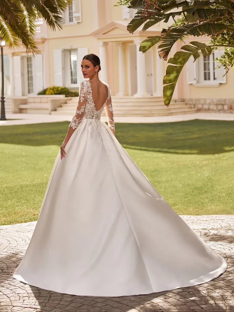 Romantic Ball Gown Deep V-Neck Lace 3/4 Sleeve Open Back Maxi Winter Wedding Dress